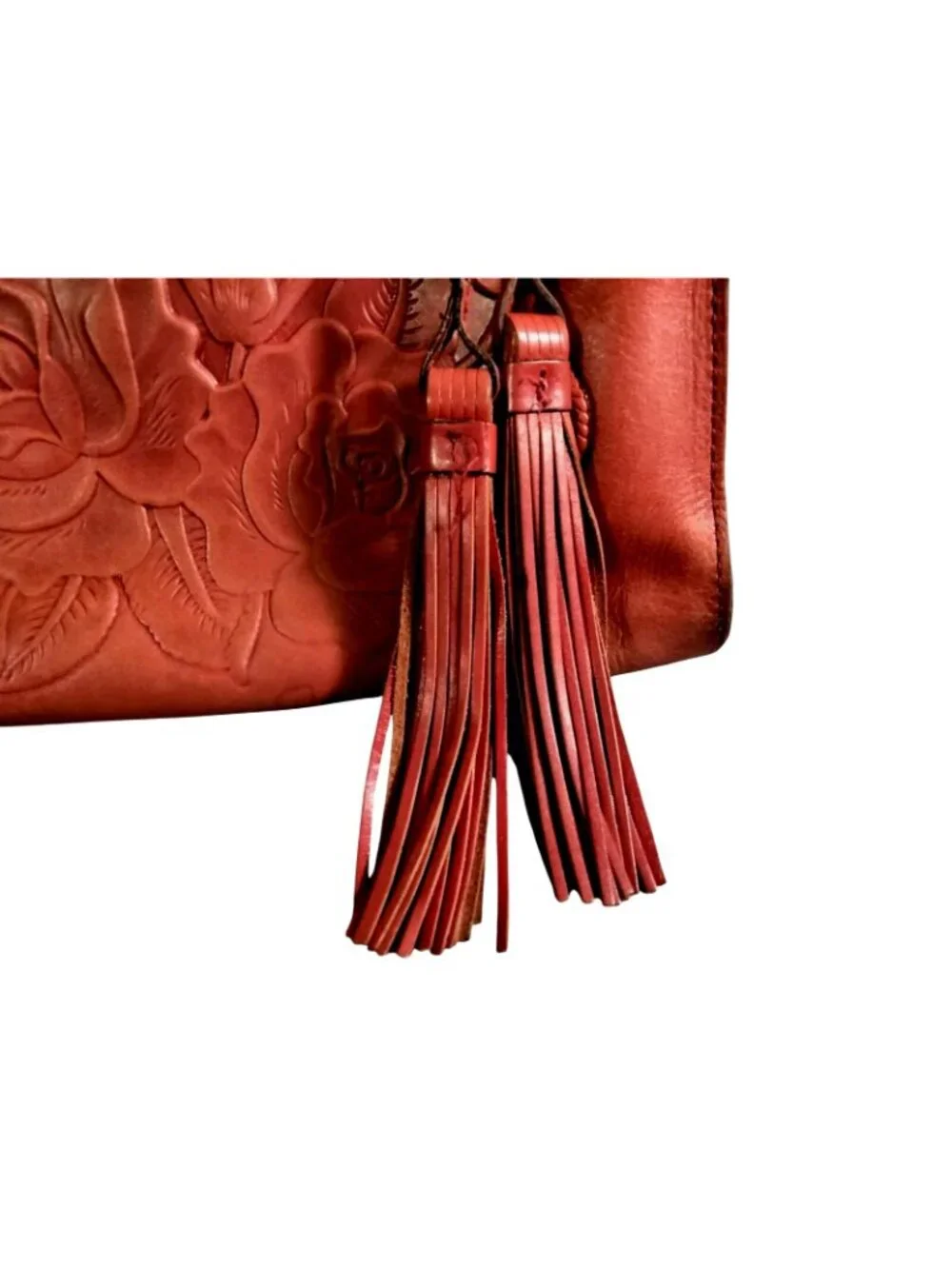 Patricia Nash Rienzo Satchel Rose Tooled Red Ochre Leather Tassel Handbag Purse